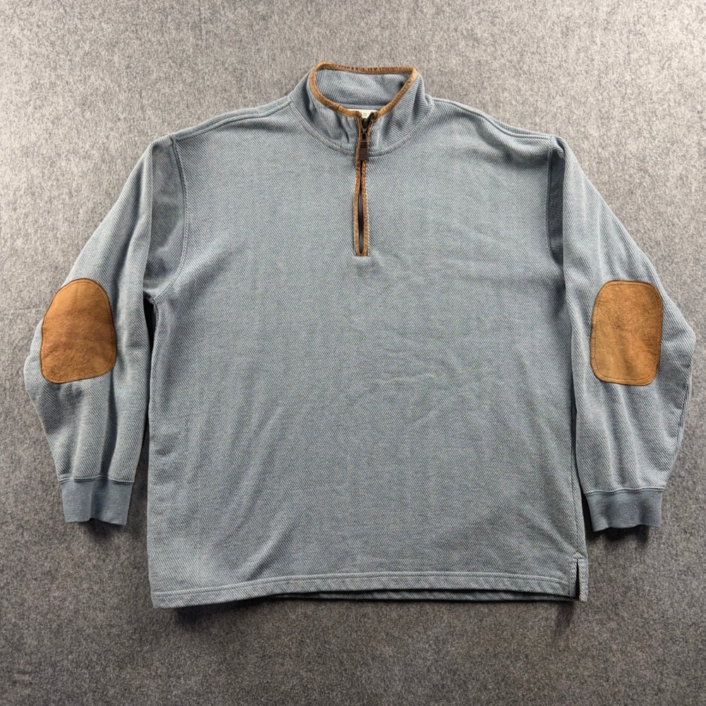 Orvis Men's Quarter Zip Pullover Sweater XXL Blue Leather Trim Elbow Patches